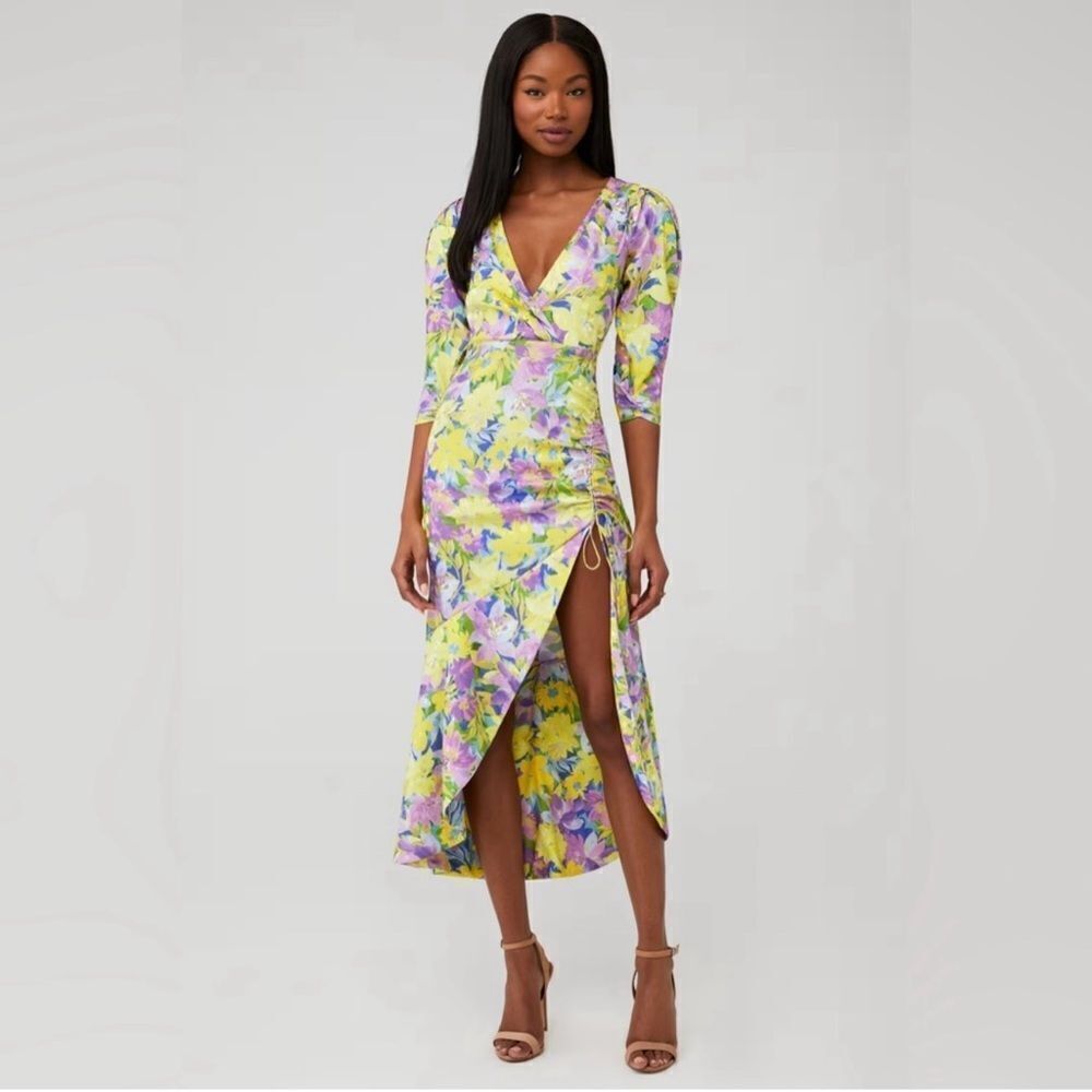 For Love & Lemons Midi Dress Purple Yellow Multi Floral Cassia Size XS